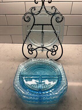 (5) Anchor Hocking 1930’s Mayfair “Open Rose” Ice Blue GRILL PLATES